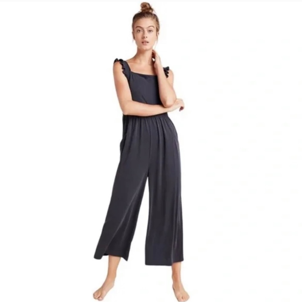 Anthropologie Saturday Sunday Billie Ribbed Cupro Ruffle Strap Jumpsuit